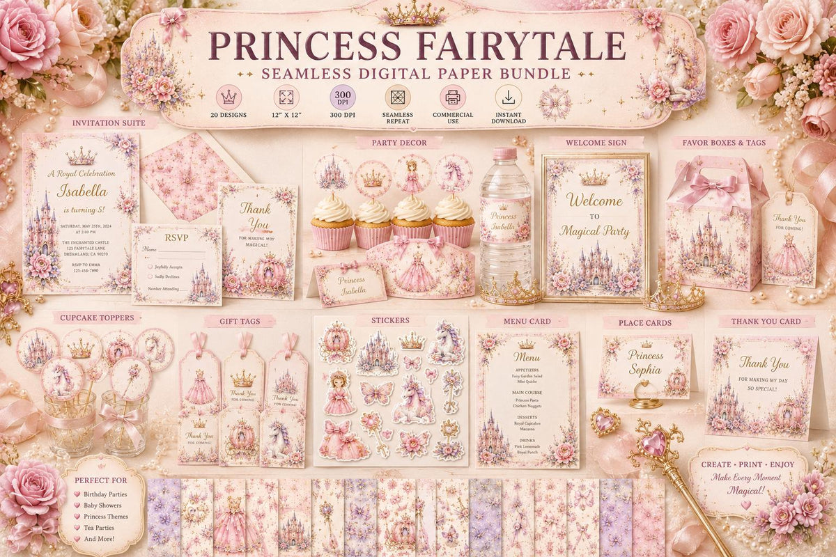 Princess Fairytale Digital Paper Bundle | Pastel Watercolor Seamless Patterns (Instant Download)
