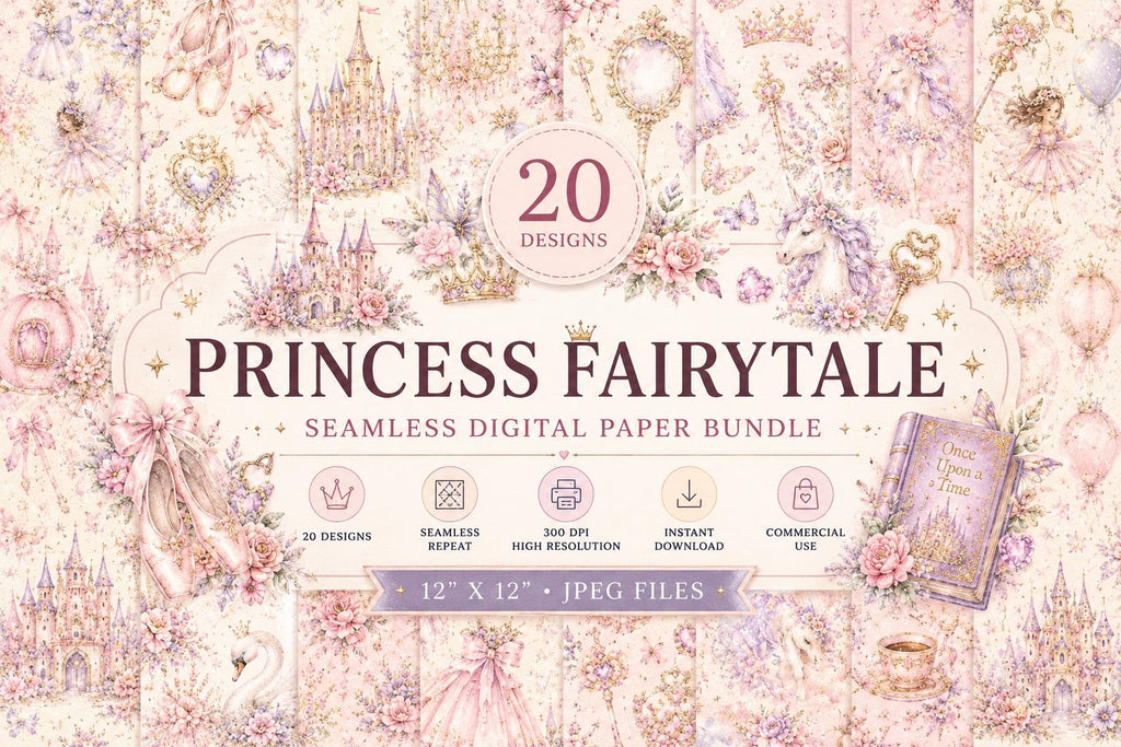 Princess Fairytale Digital Paper Bundle | Pastel Watercolor Seamless Patterns (Instant Download)