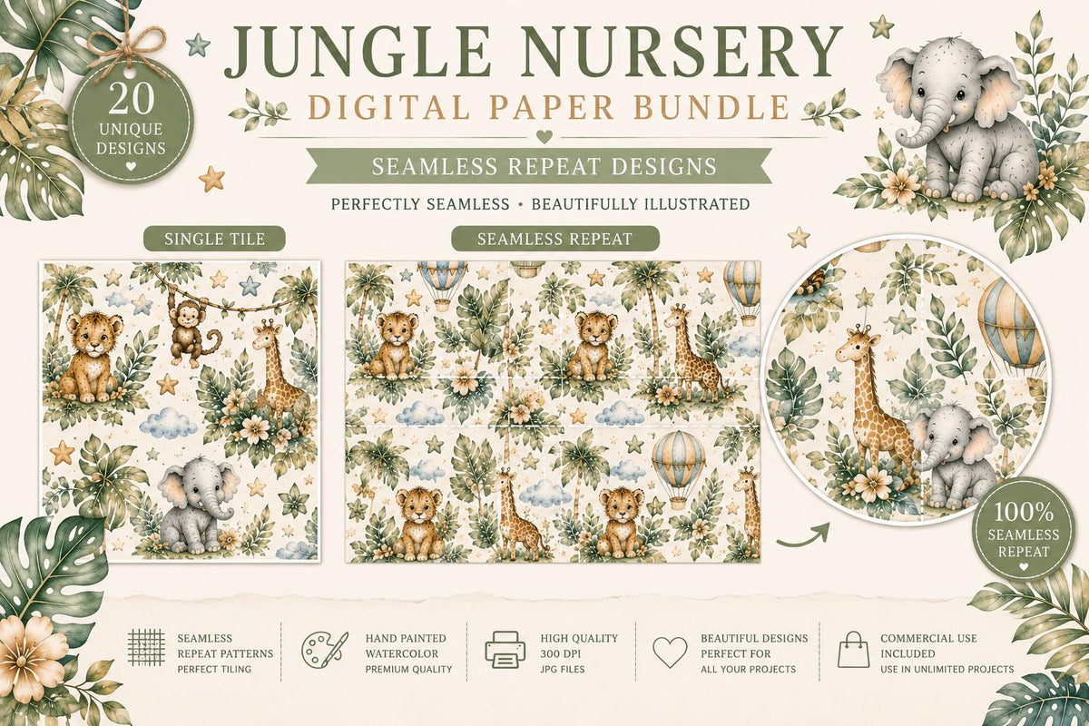 Jungle Nursery Watercolor Papers | Baby Animals, Safari Elements, Seamless Repeat (Digital Download)