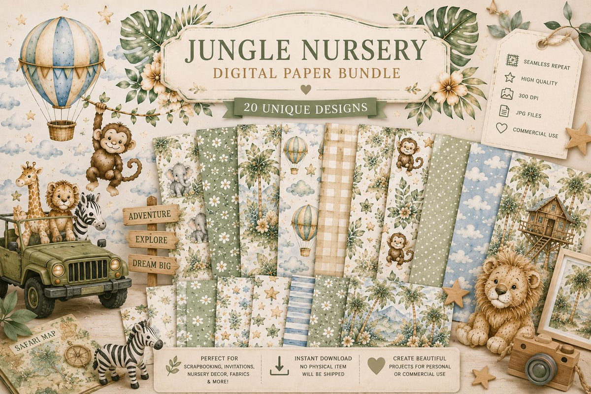 Jungle Nursery Watercolor Papers | Baby Animals, Safari Elements, Seamless Repeat (Digital Download)