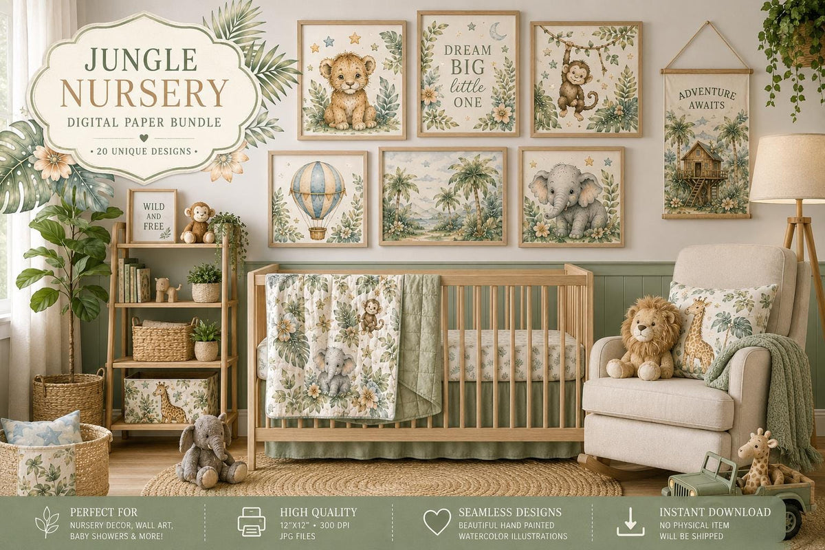 Jungle Nursery Watercolor Papers | Baby Animals, Safari Elements, Seamless Repeat (Digital Download)