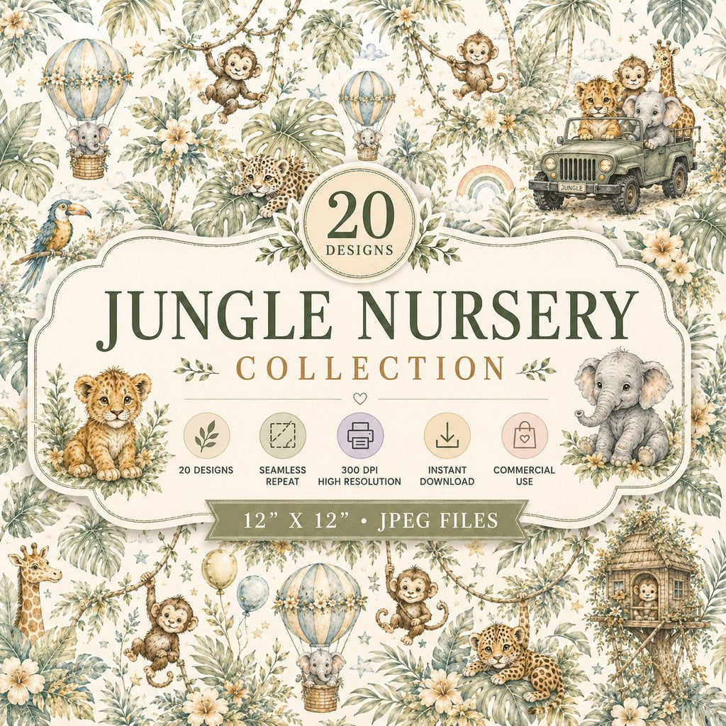 Jungle Nursery Watercolor Papers | Baby Animals, Safari Elements, Seamless Repeat (Digital Download)