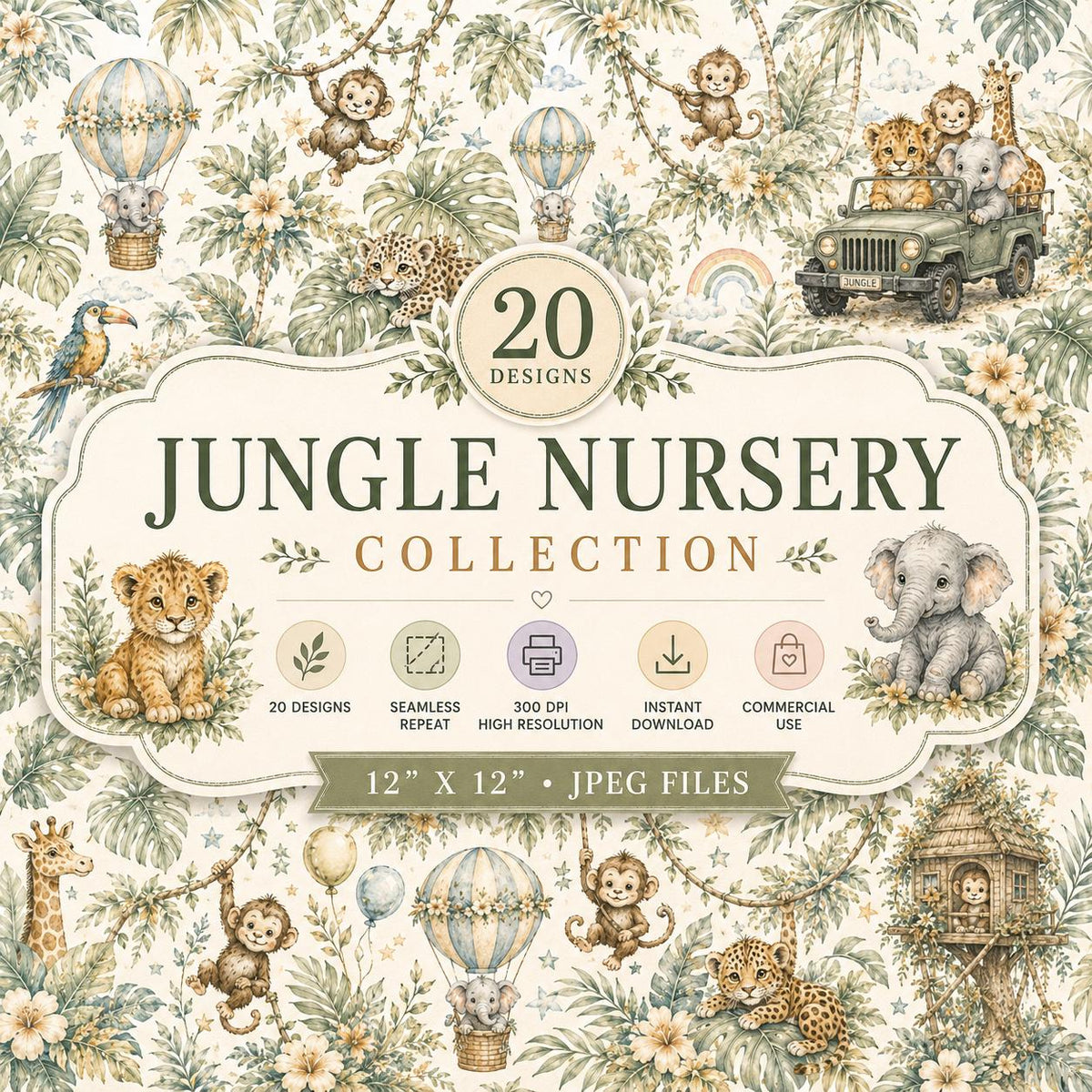 Jungle Nursery Watercolor Papers | Baby Animals, Safari Elements, Seamless Repeat (Digital Download)