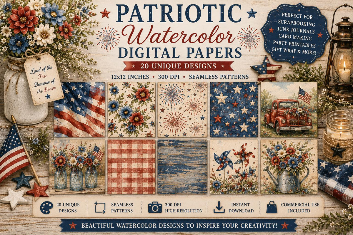 Patriotic Watercolor Digital Paper Bundle | Vintage Americana, 4th of July Designs (Digital Download)