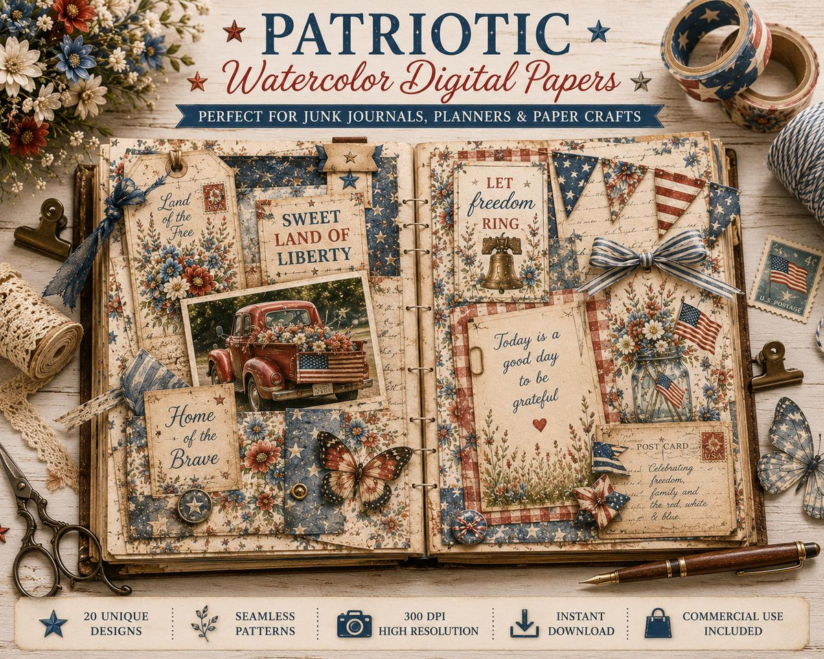 Patriotic Watercolor Digital Paper Bundle | Vintage Americana, 4th of July Designs (Digital Download)
