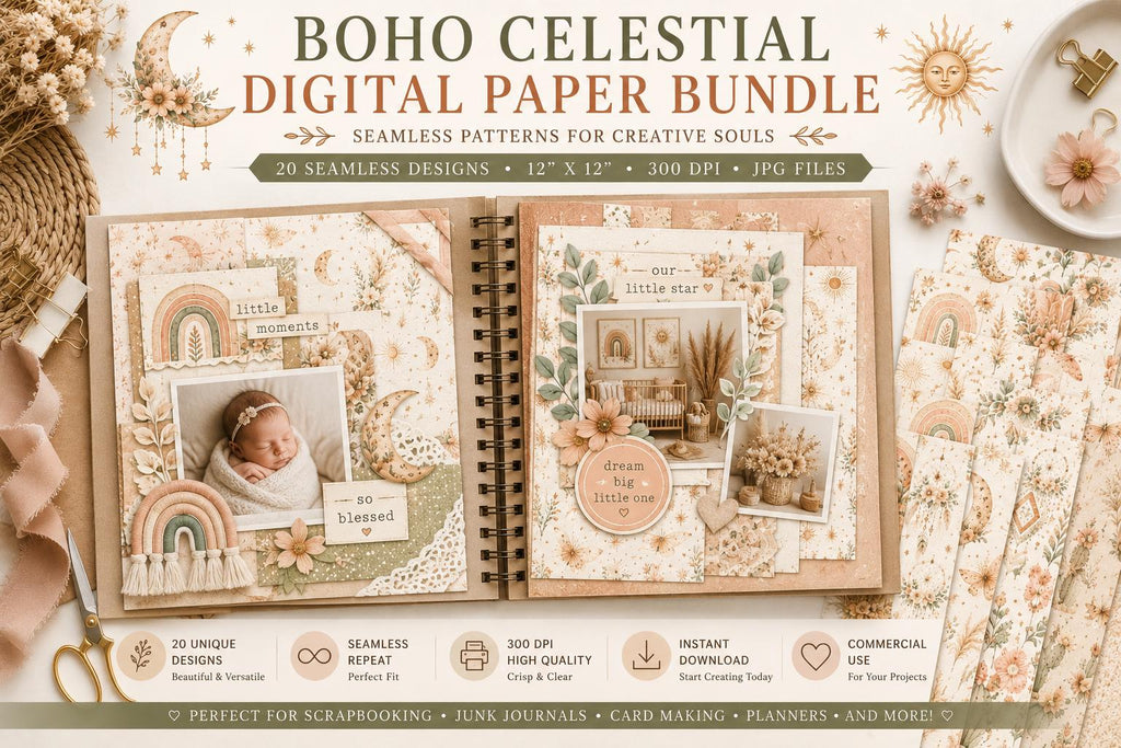 Boho Celestial Watercolor Digital Paper | Neutral Rainbow Moon Patterns (Digital Download)