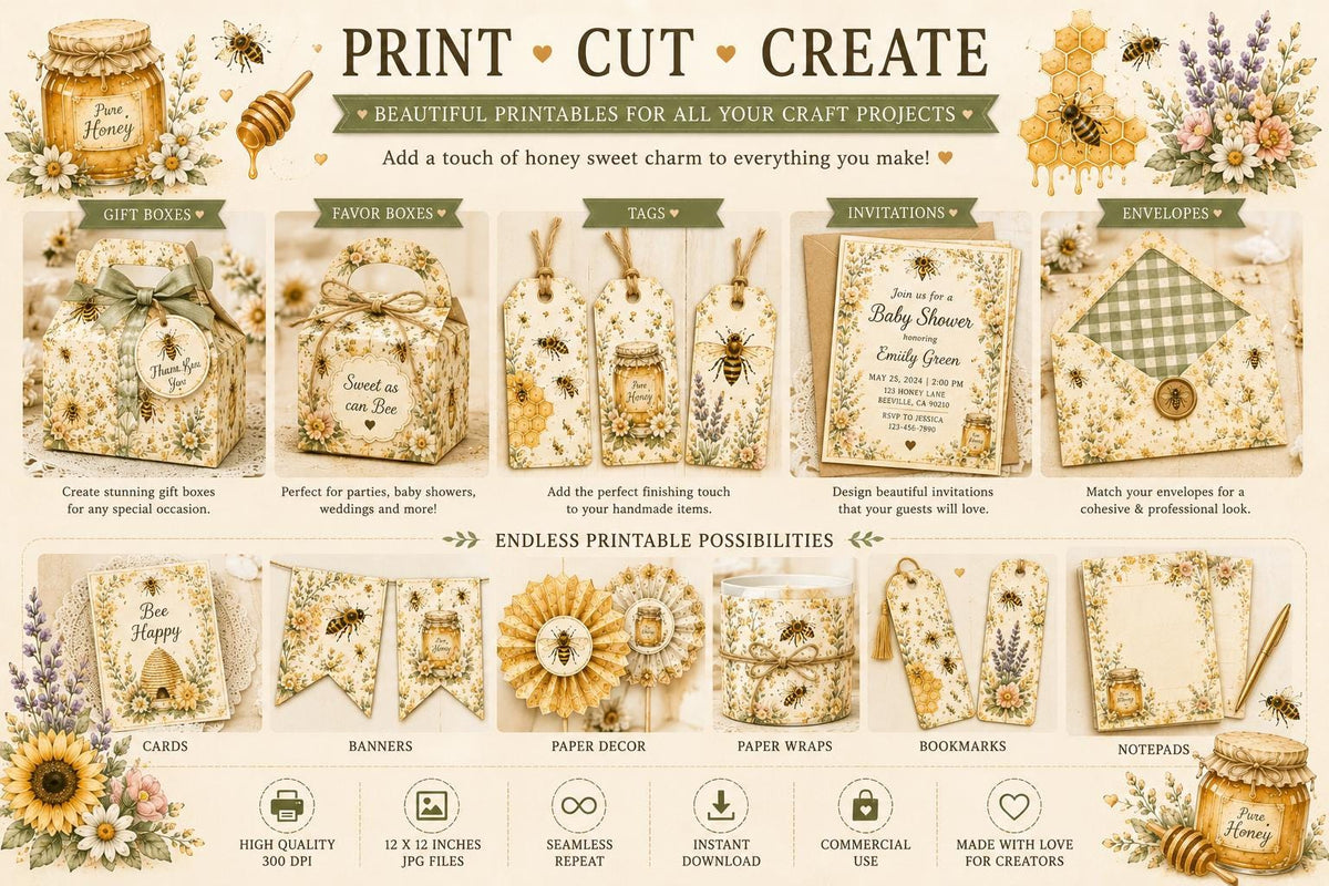 Bee & Honey Watercolor Digital Paper Bundle | Cottagecore Floral Scrapbook Patterns (Digital Download)