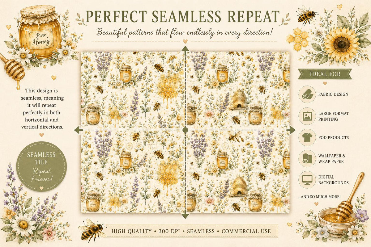 Bee & Honey Watercolor Digital Paper Bundle | Cottagecore Floral Scrapbook Patterns (Digital Download)