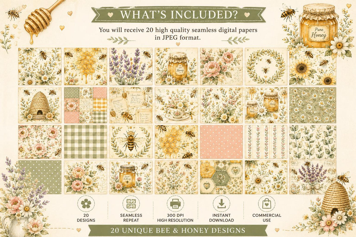 Bee & Honey Watercolor Digital Paper Bundle | Cottagecore Floral Scrapbook Patterns (Digital Download)