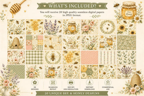Bee & Honey Watercolor Digital Paper Bundle | Cottagecore Floral Scrapbook Patterns (Digital Download)
