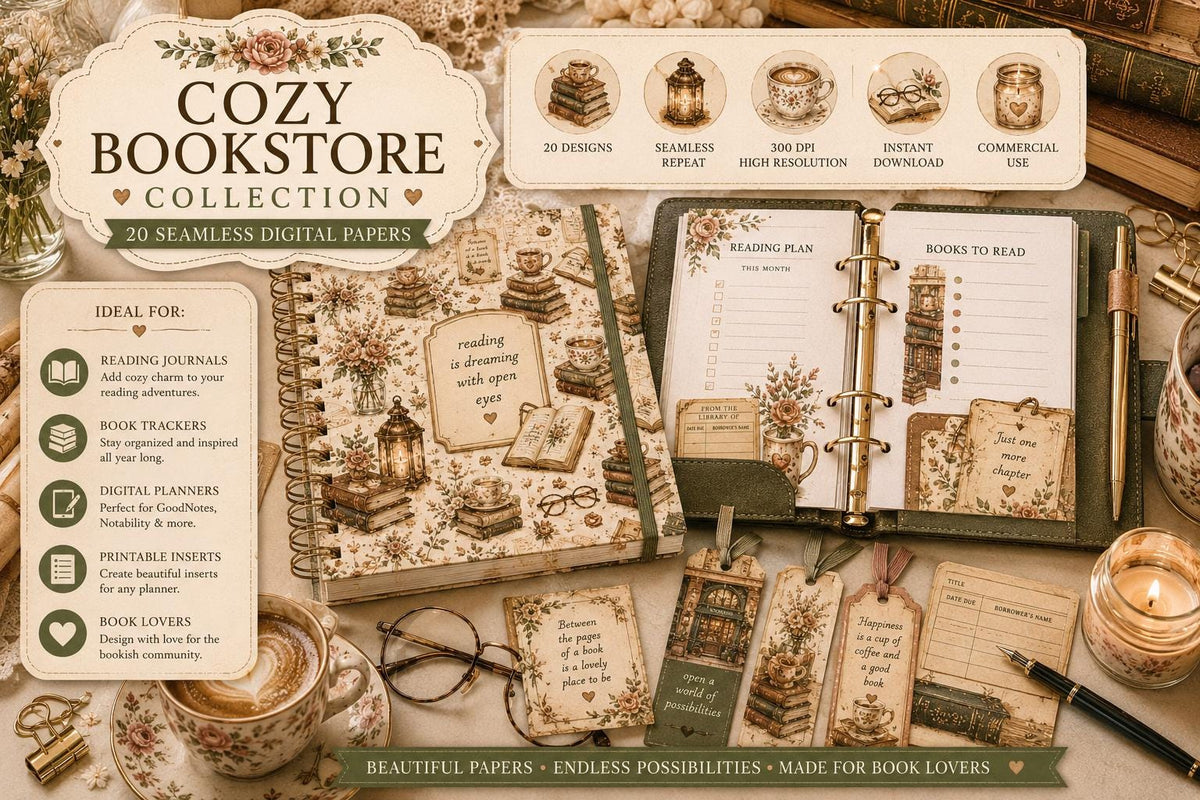 Cozy Bookstore Watercolor Digital Paper Bundle | 20 Seamless Book Lover Patterns (Digital Download)