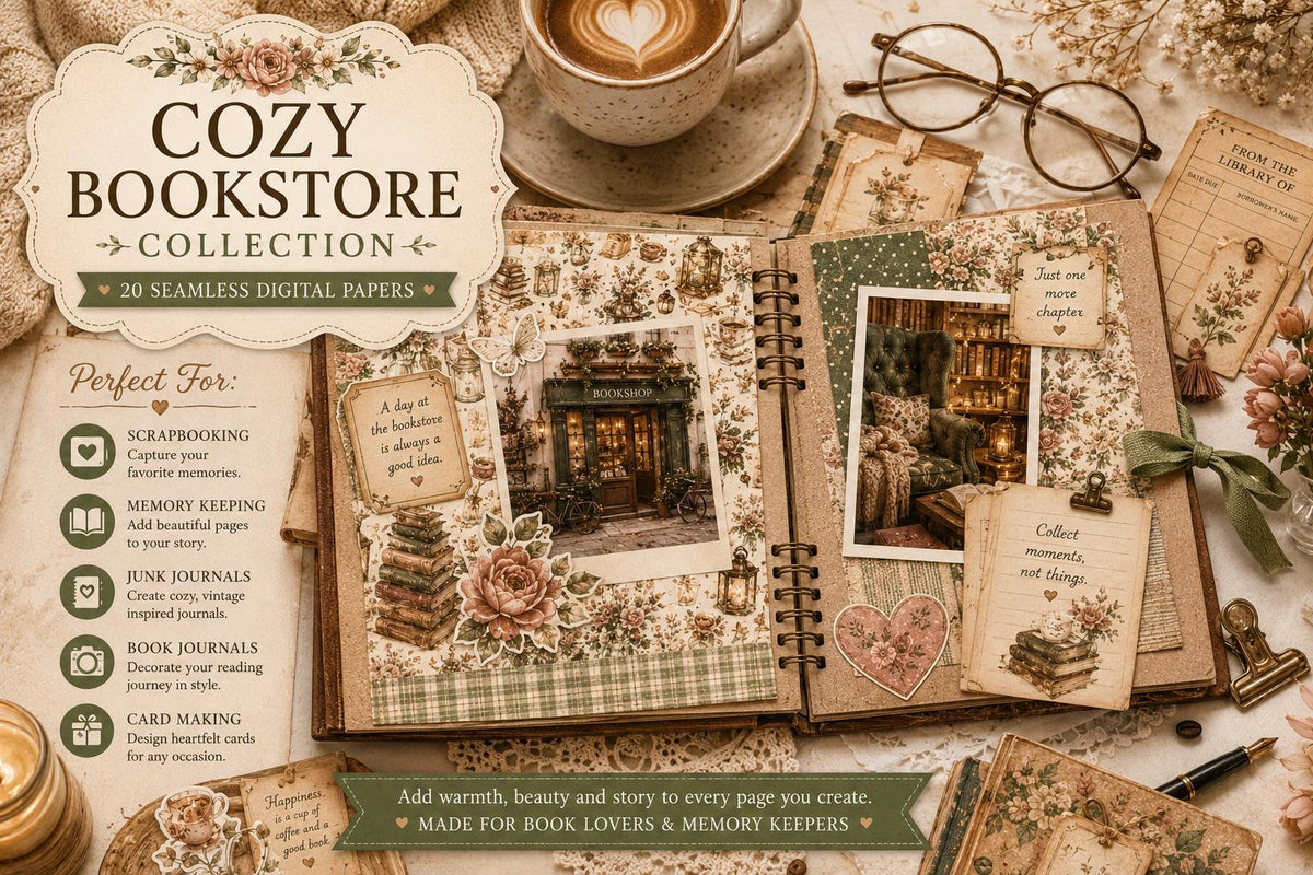 Cozy Bookstore Watercolor Digital Paper Bundle | 20 Seamless Book Lover Patterns (Digital Download)