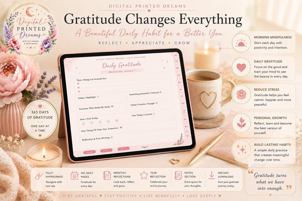 Daily Gratitude Journal | Mindfulness, Self-Care Planner (Digital PDF)