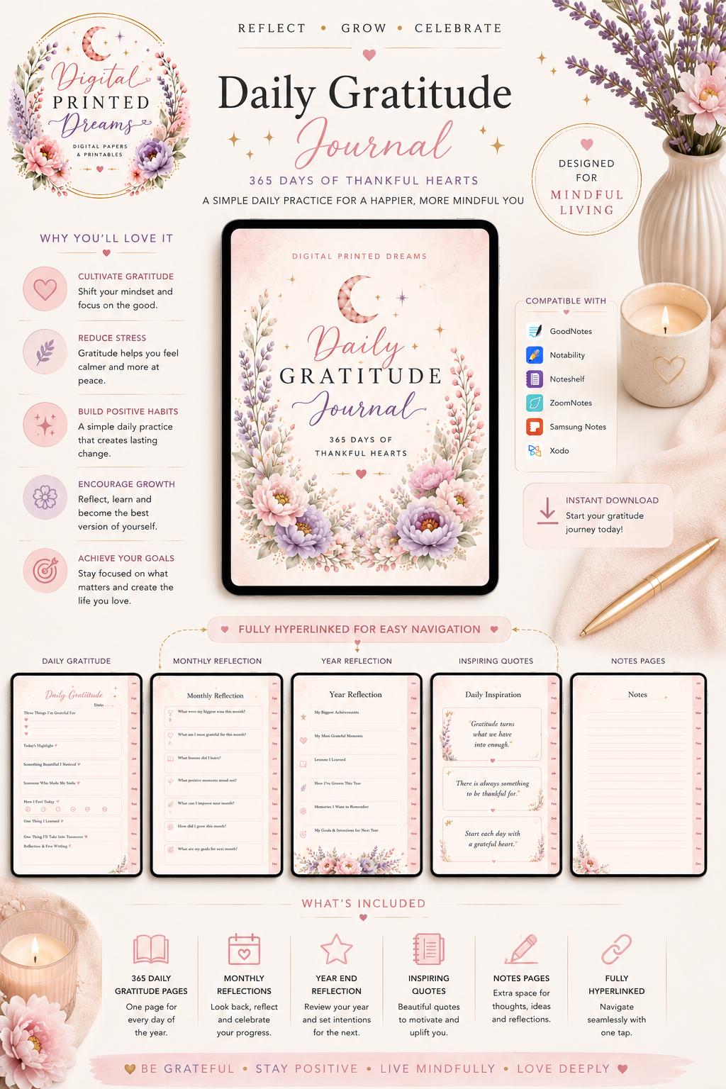 Daily Gratitude Journal | Mindfulness, Self-Care Planner (Digital PDF)