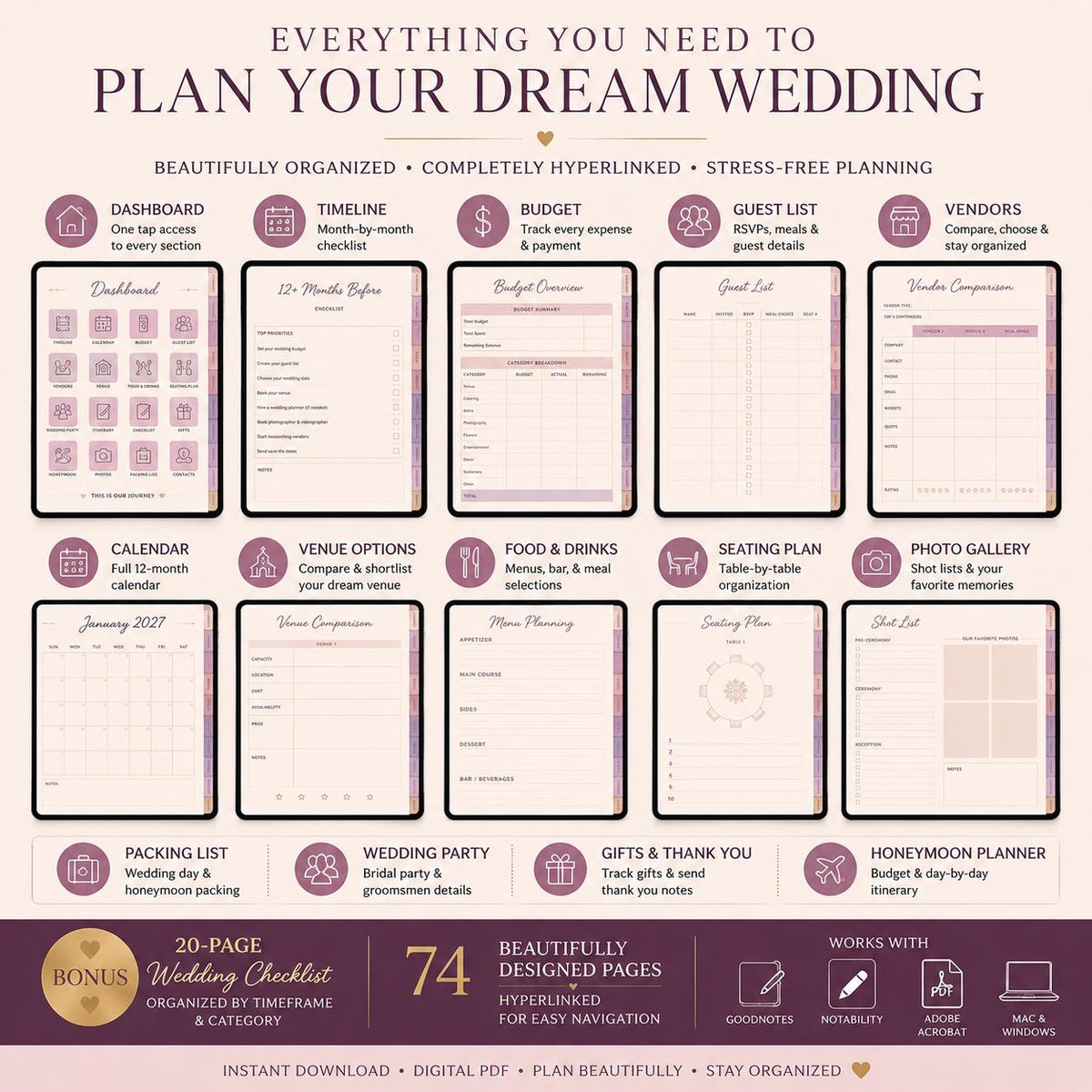 2027 Digital Wedding Planner | Elegant Hyperlinked PDF for GoodNotes, Notability