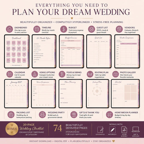 2027 Digital Wedding Planner | Elegant Hyperlinked PDF for GoodNotes, Notability