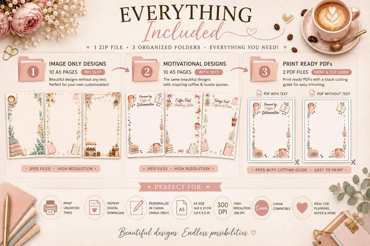 Coffee & Hustle A5 Notepad Pages | Motivational Planner Sheets (Digital Download)