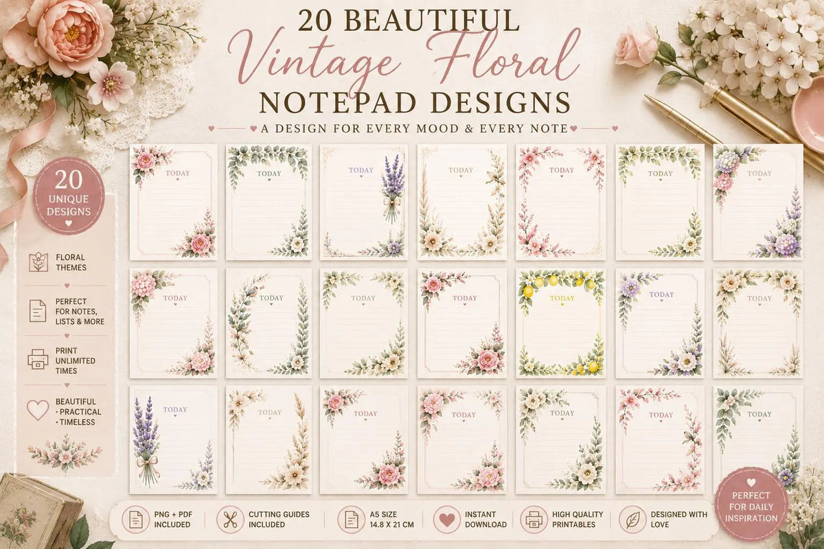 Vintage Floral Notepad Collection | 20 Printable A5 Notepad Pages | PNG & PDF | Canva Ready | Digital Stationery | Instant Download