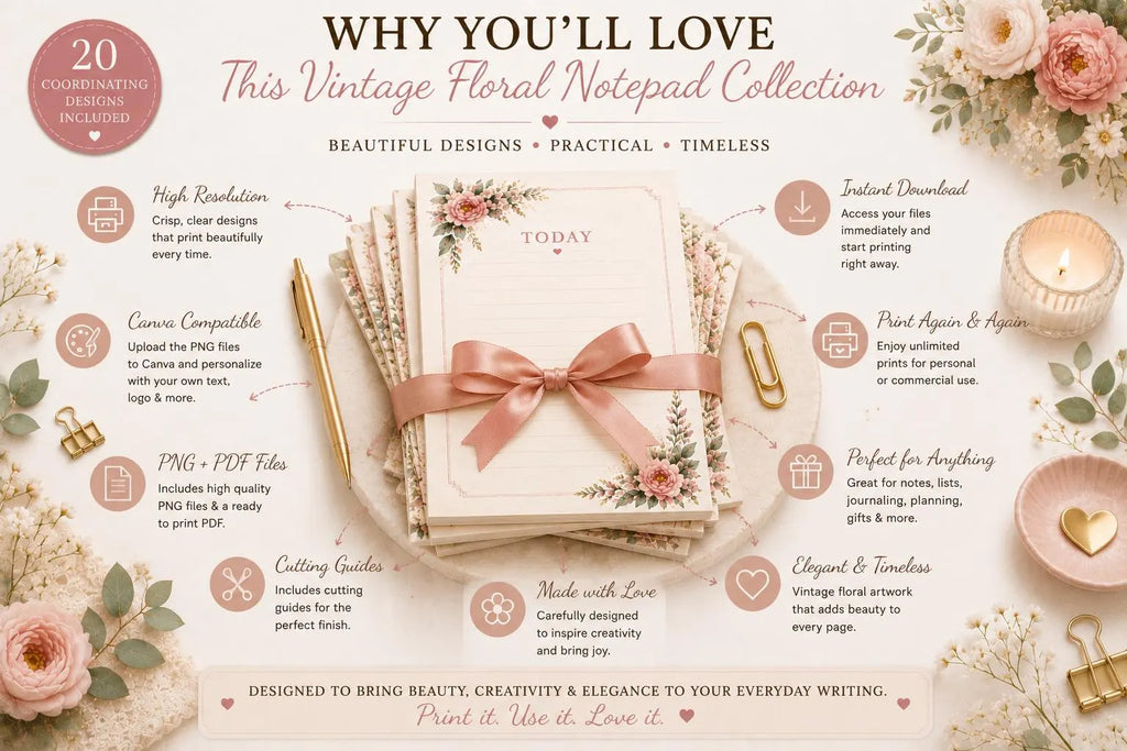 Vintage Floral Notepad Collection | 20 Printable A5 Notepad Pages | PNG & PDF | Canva Ready | Digital Stationery | Instant Download