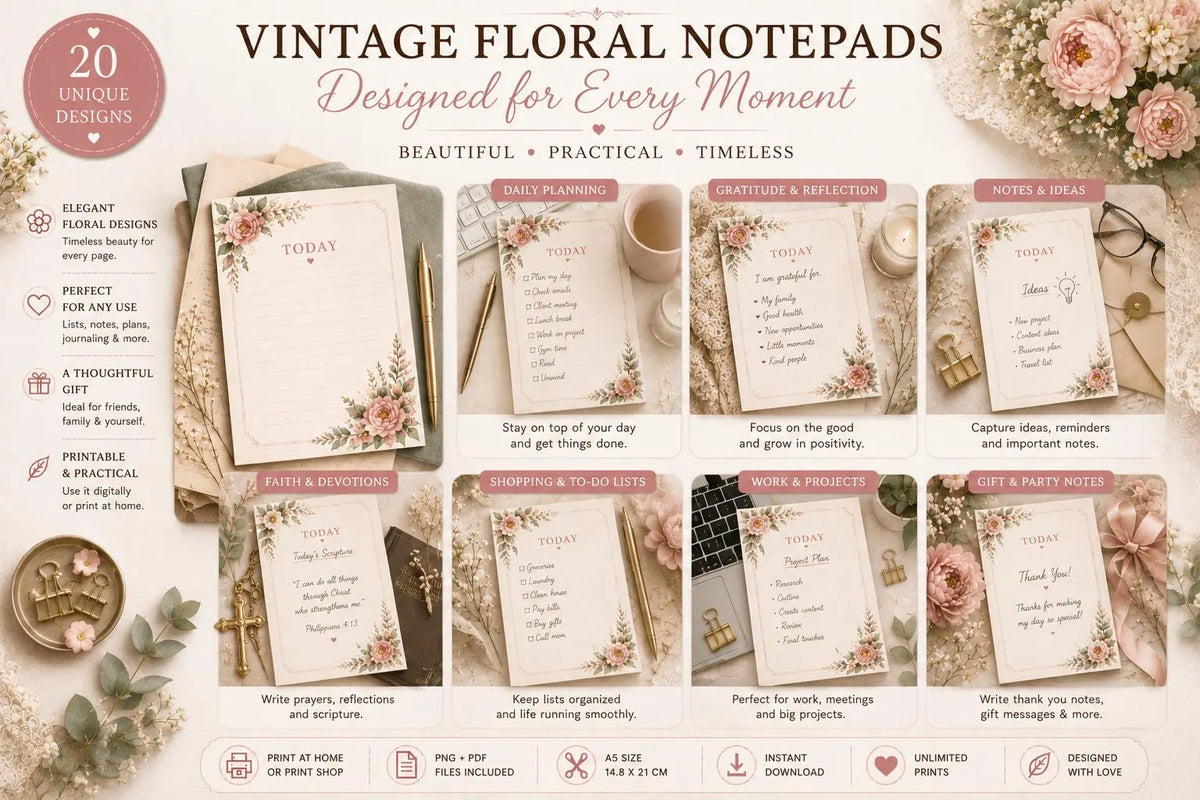 Vintage Floral Notepad Collection | 20 Printable A5 Notepad Pages | PNG & PDF | Canva Ready | Digital Stationery | Instant Download