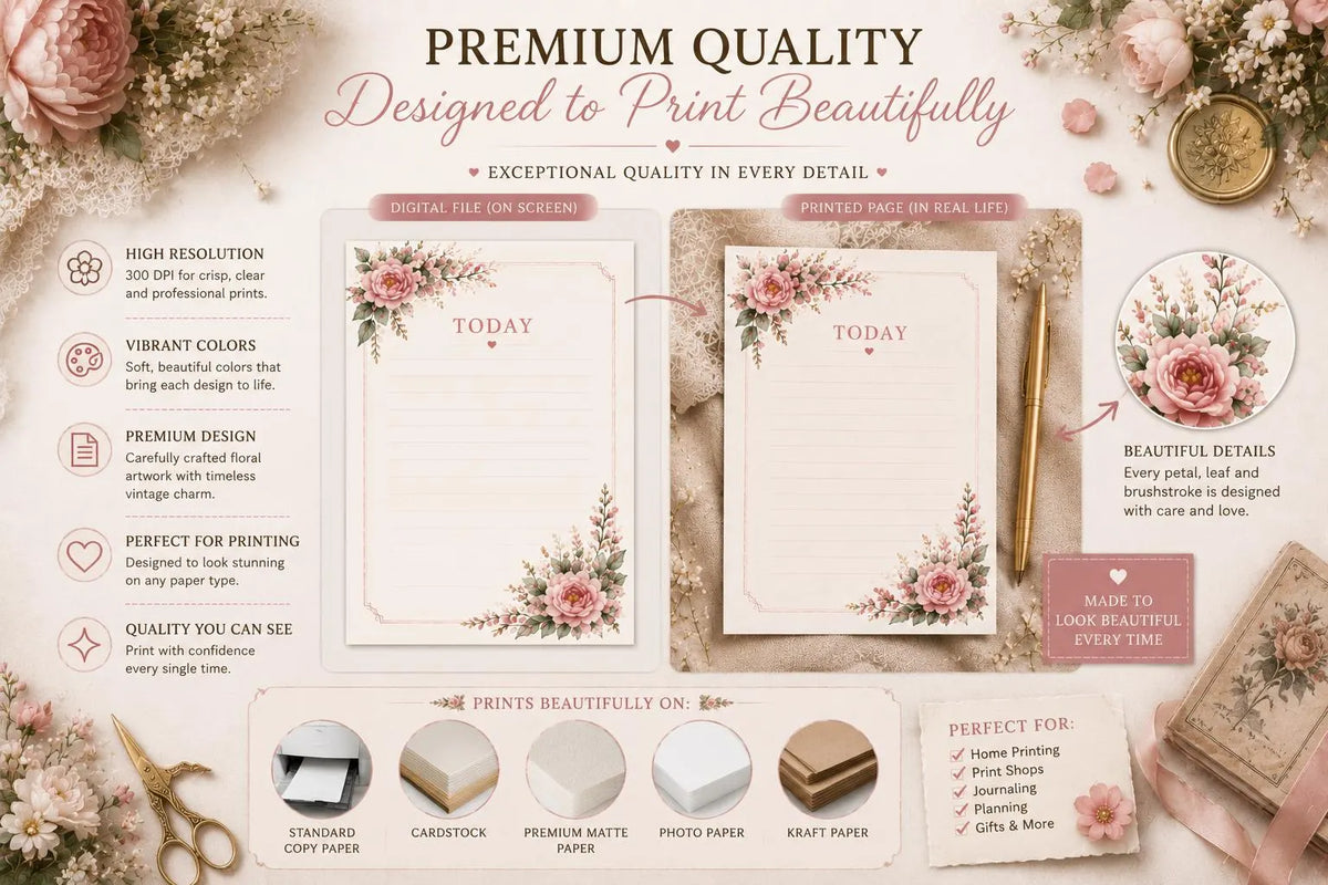 Vintage Floral Notepad Collection | 20 Printable A5 Notepad Pages | PNG & PDF | Canva Ready | Digital Stationery | Instant Download
