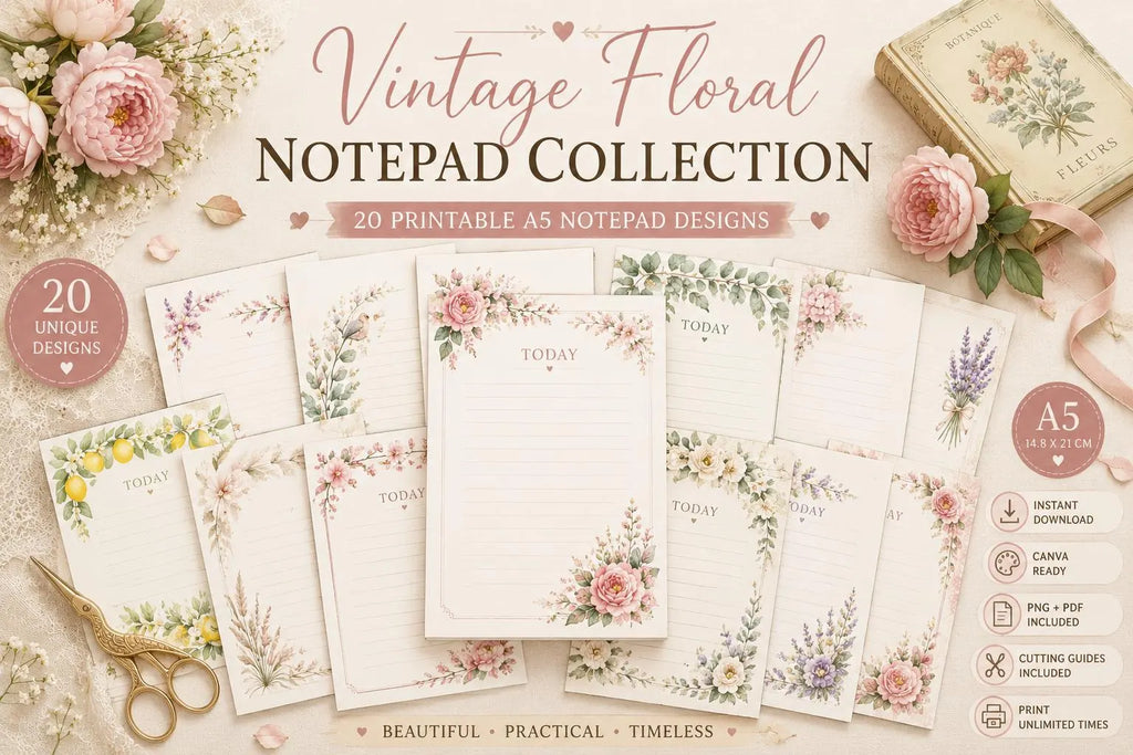 Vintage Floral Notepad Collection | 20 Printable A5 Notepad Pages | PNG & PDF | Canva Ready | Digital Stationery | Instant Download