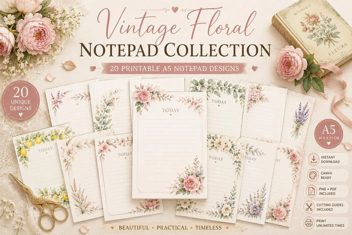 Vintage Floral Notepad Collection | 20 Printable A5 Notepad Pages | PNG & PDF | Canva Ready | Digital Stationery | Instant Download